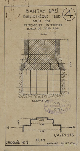 Bantay Srei - 1e enc., biblio. SE, mur E: parement int. (Élévation, Plan).