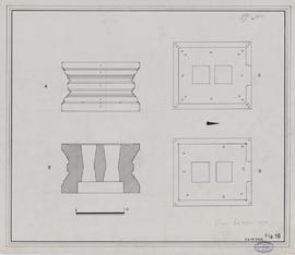 Takeo - 1e enc., ter. sup., tour NE et tour SE: socle (Coupe, Élévation, Plan).