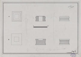 Takeo - 1e enc., G I/E et ter. sup., échiffre esc. E: socles? piédestaux (Coupe, Élévation, Plan).