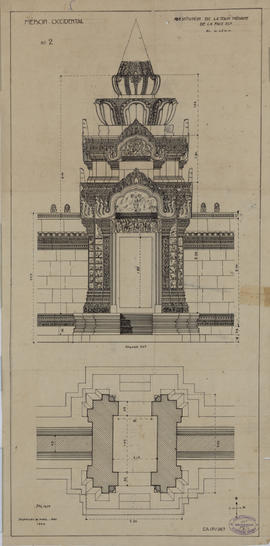 Mebon Occidental - restitution tour centrale: face E (Élévation, Plan).