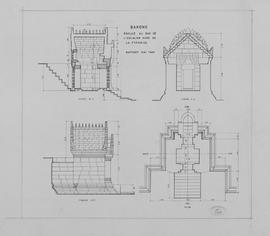 Bakong - 1e enc., pyramide, face N, N de l'escalier N, pavillon d'entrée (Coupe, Élévation, Plan).