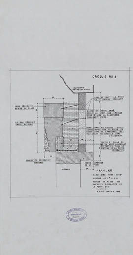 Prah Ko - tour NO, porte E, linteau: ferraillages BA (Coupe).