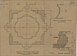 Bakong - 1e enc., pyramide, ter. sup.: dégagement (Coupe, Plan).