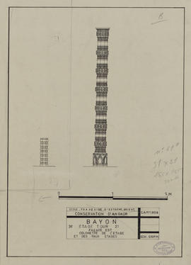 Bayon - 1e enc., ter. sup., tour 21, face E, ét. et faux-ét.: colonnette (Élévation).