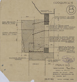 Prah Ko - tour NO, porte E, linteau: ferraillages BA (Coupe).