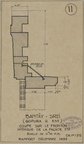 Bantay Srei - G II/E, face E, fronton: ferraillages BA (Coupe).