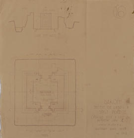 Bakong - Edicule à l'E du bâtiment long E: abris de la stèle (Coupe, Plan).
