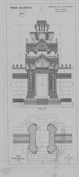 Mebon Occidental - face E, tour médiane: restitution (Élévation, Plan).