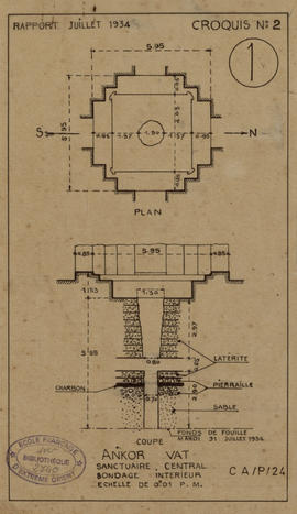 Angkor Vat - tour centrale: sondages (Coupe, Élévation, Plan).