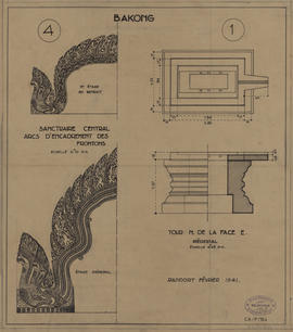 Bakong - tour centrale: encadrements de frontons et partie E; tour N: piédestal (Détails, Élévati...