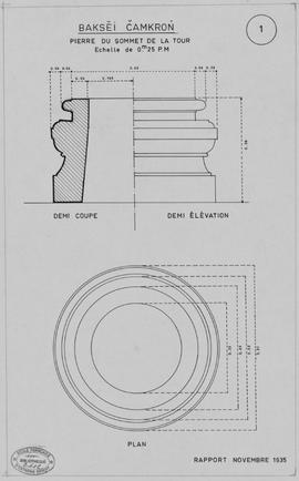 Baksei Chamkrong - tour centrale: pierre du sommet (Coupe, Élévation, Plan).